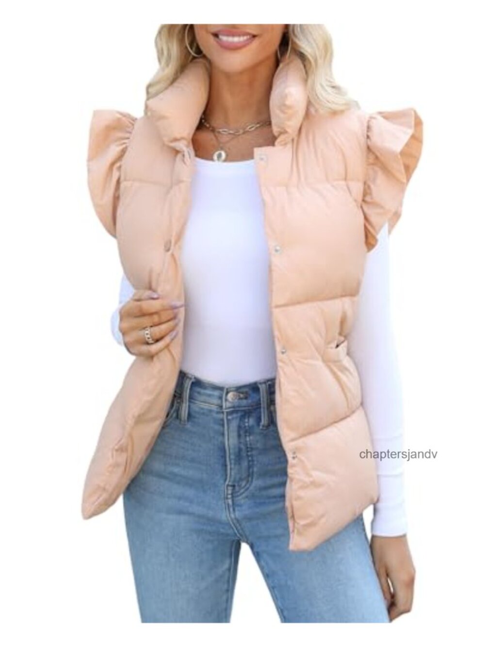 Quilted Puffer Vest Ruffle Sleeveless Snap Button Lightweight Layering